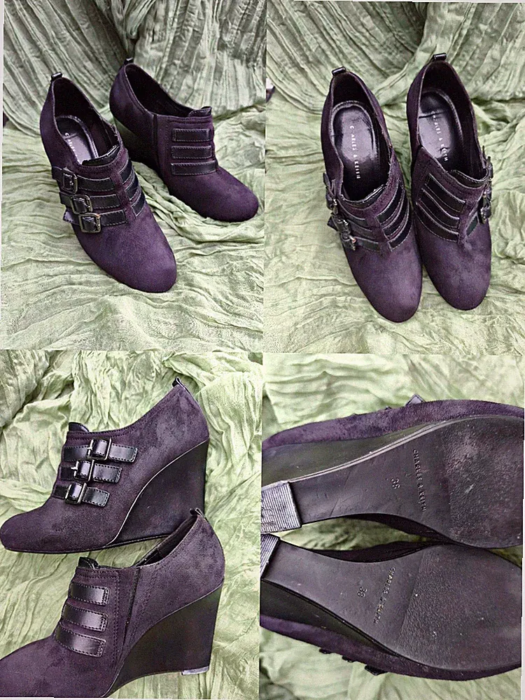 Charles & Keith Damen Stiefeletten Wildleder Schwarz Keilabsatz Schnallen EU 38