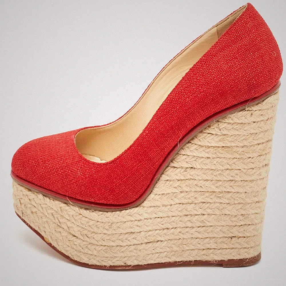 Charlotte Olympia rote Canvas Carmen Espadrille Plateau Keilabsatz Pumps Gr.34