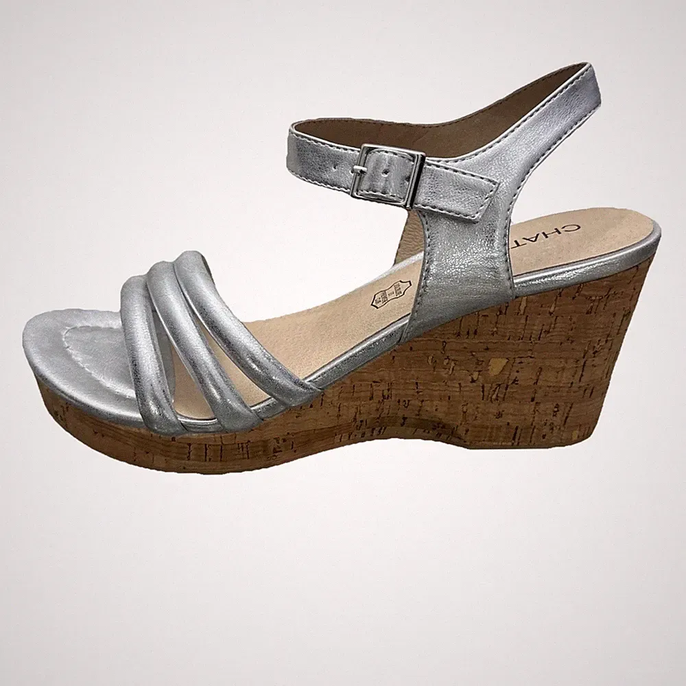 Chattawak Keilabsatz Sandalen Damen Silber Gr. UK 6 EU 39 Knöchelriemen High Heels Schuhe