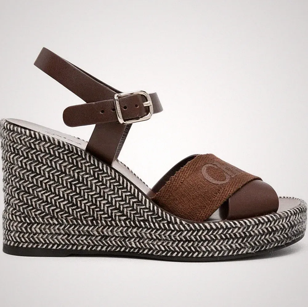 Chloé Damen Sandalen Leder Braun Keilabsatz hoch Riemchen Schnalle Logo