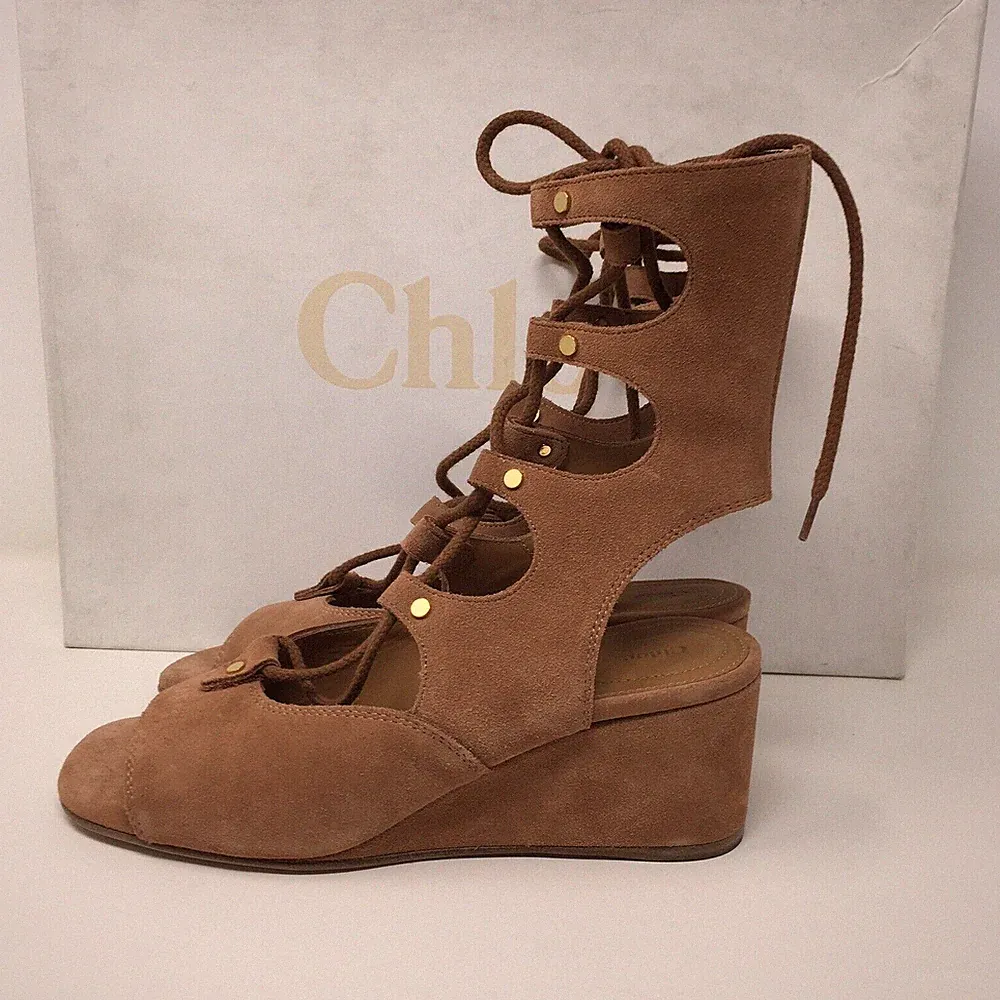CHLOÉ Petunia Foster Wildleder Schnürsandalen Keilabsatz - UK 7 / EU 40