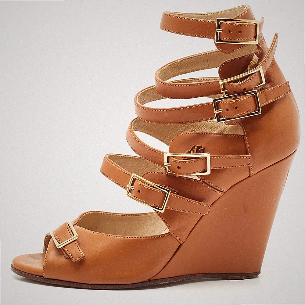 Chloe braune Leder Riemchen Schnalle Keilabsatz Sandalen Größe 36,5