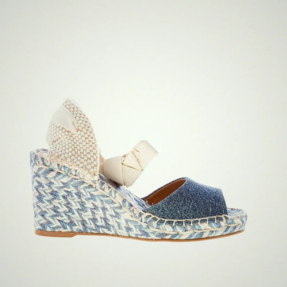 CHLOE' Damenschuhe Sandale Keilabsatz Piia aus Denim Stoff Blau Canvas Ecru und Bast