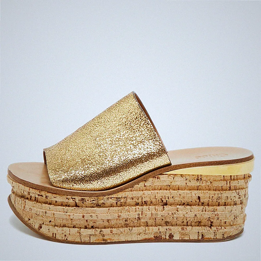 Chloe Sandalen Größe 37 Goldfolie Leder Kork Keilabsatz