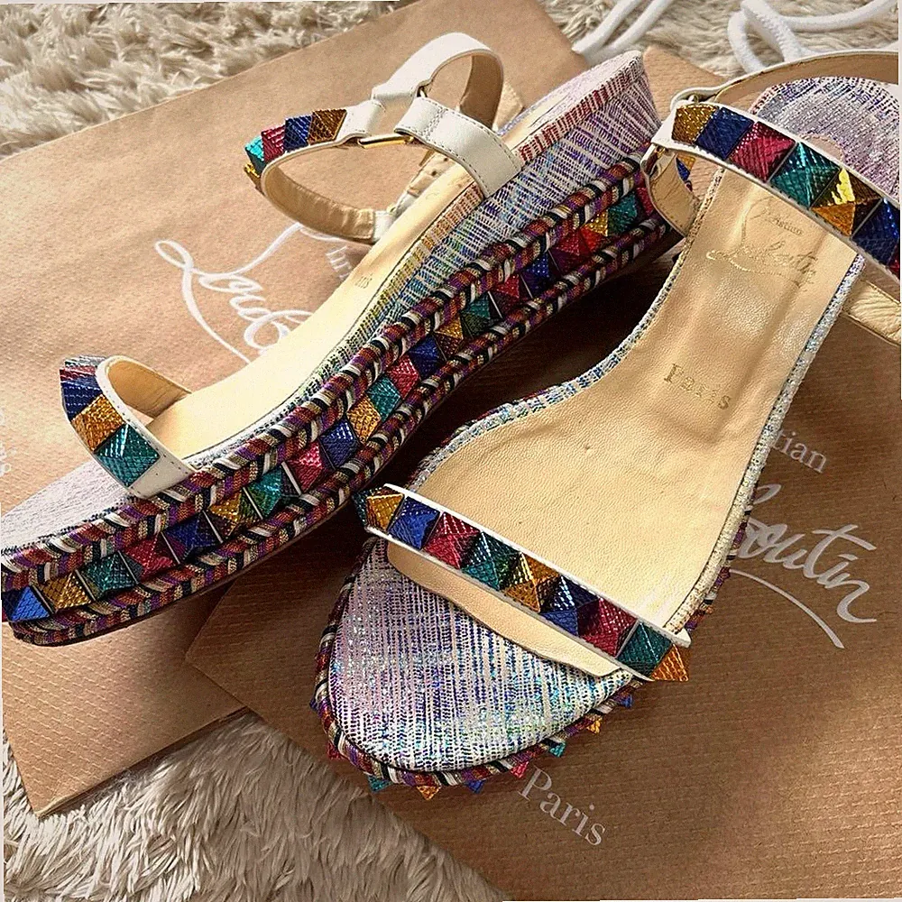Christian Louboutin Einhorn Nieten Keilabsatz Sandalen EU40 US10 Mehrfarbig...