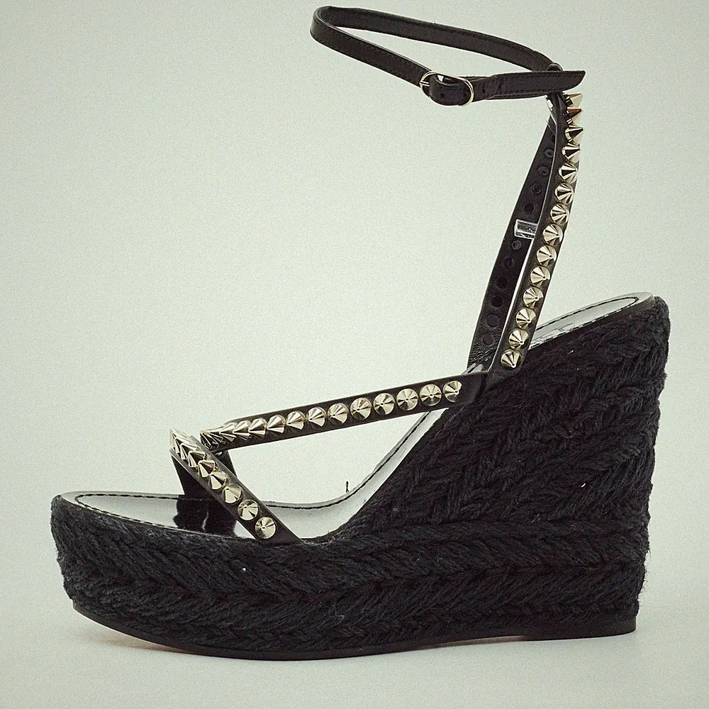 Christian Louboutin Gr. 39 Schwarz Leder Keilabsatz Espadrille Sandalen