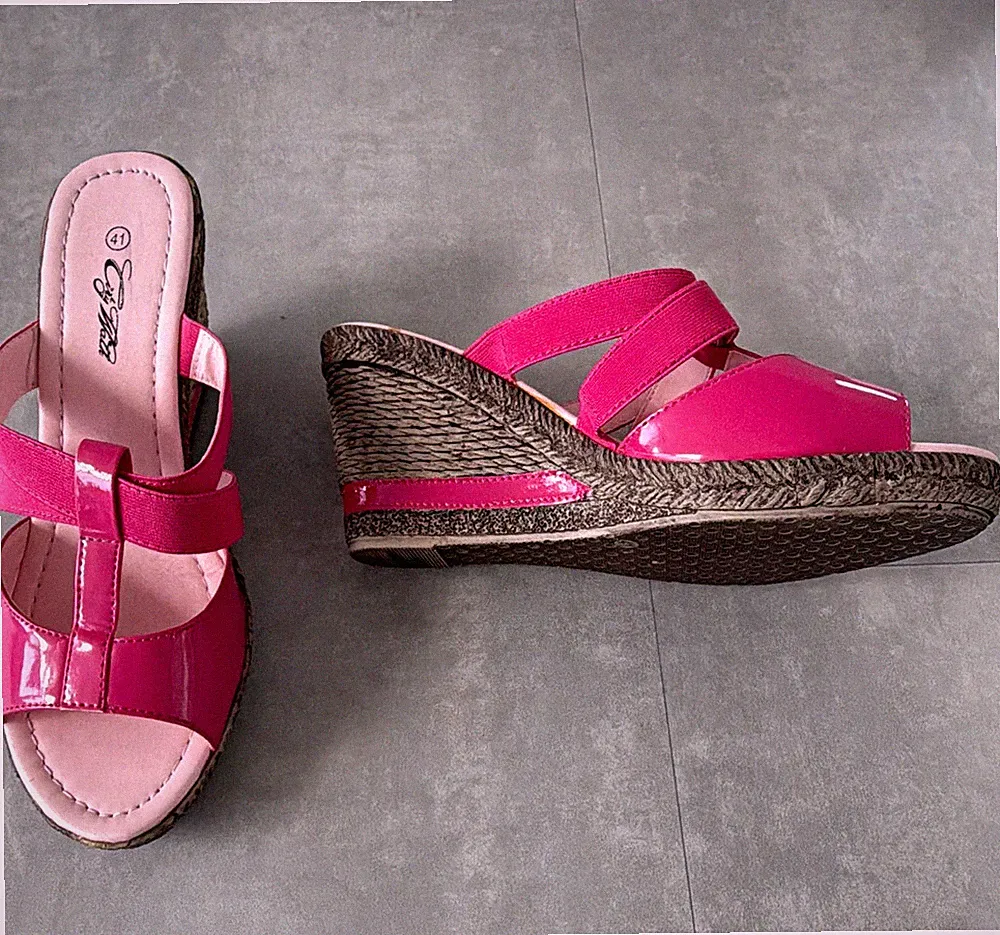 City Walk Damen Riemchen-Sandalen pink Keilabsatz mittel Lackoptik Schlupf Gr.41