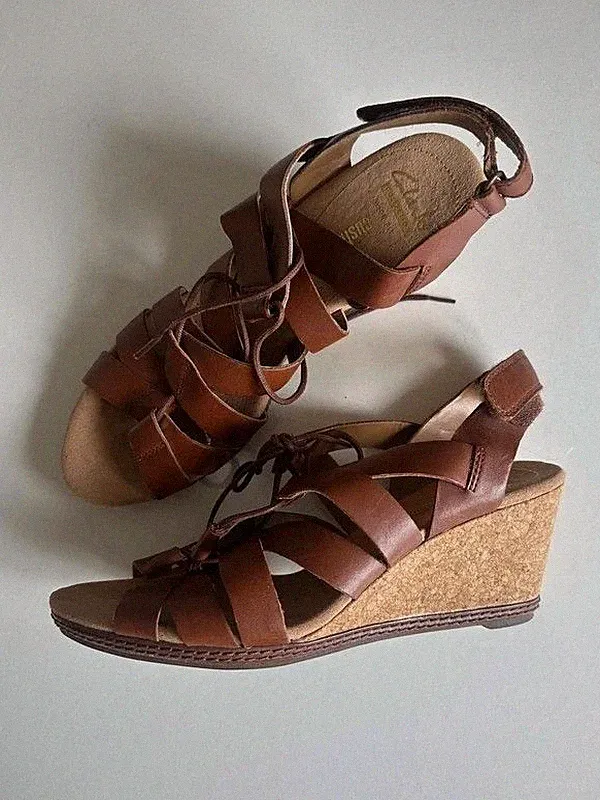 Clarks 7 E Sandalen Neu Hellbraun Leder Wedges Kork Neu Sommer Heels Neu