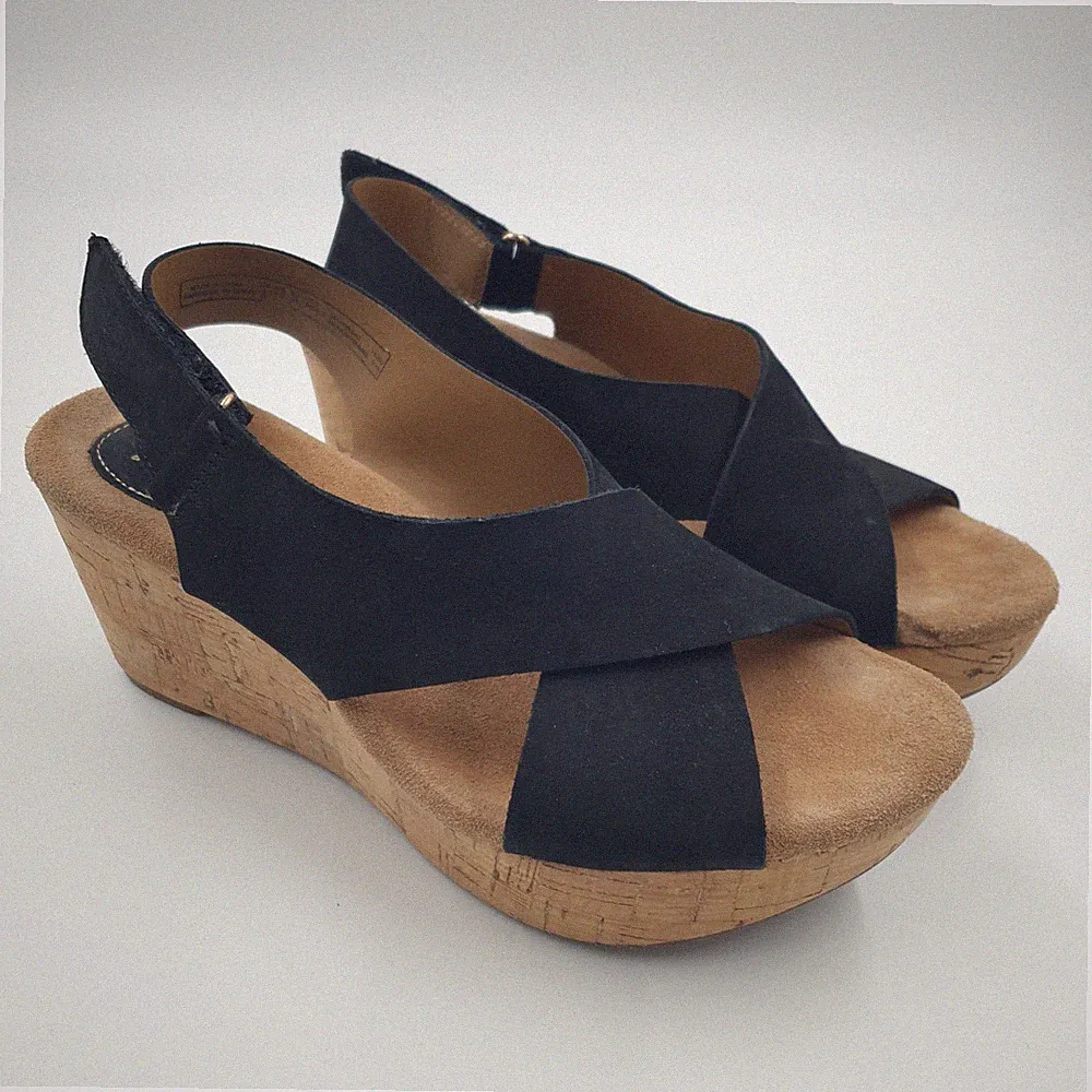Clarks Annadel Eirwyn Wedge Sandals UK 5 D Black Cork Heel Slingback Shoes EU38