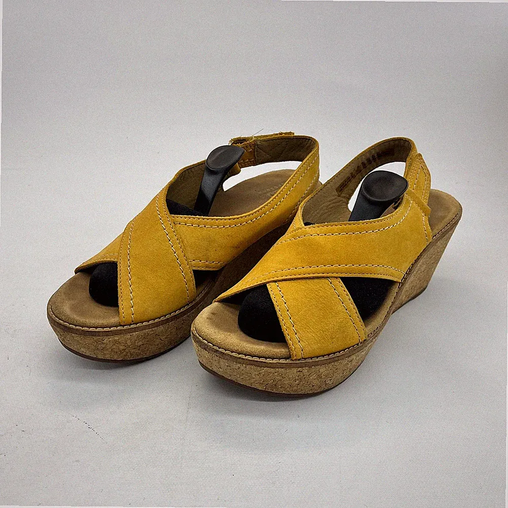 Clarks Artisan Damen-Plateausandalen gelb Nubukleder Keilabsatz UK 5,5 Klettverschluss