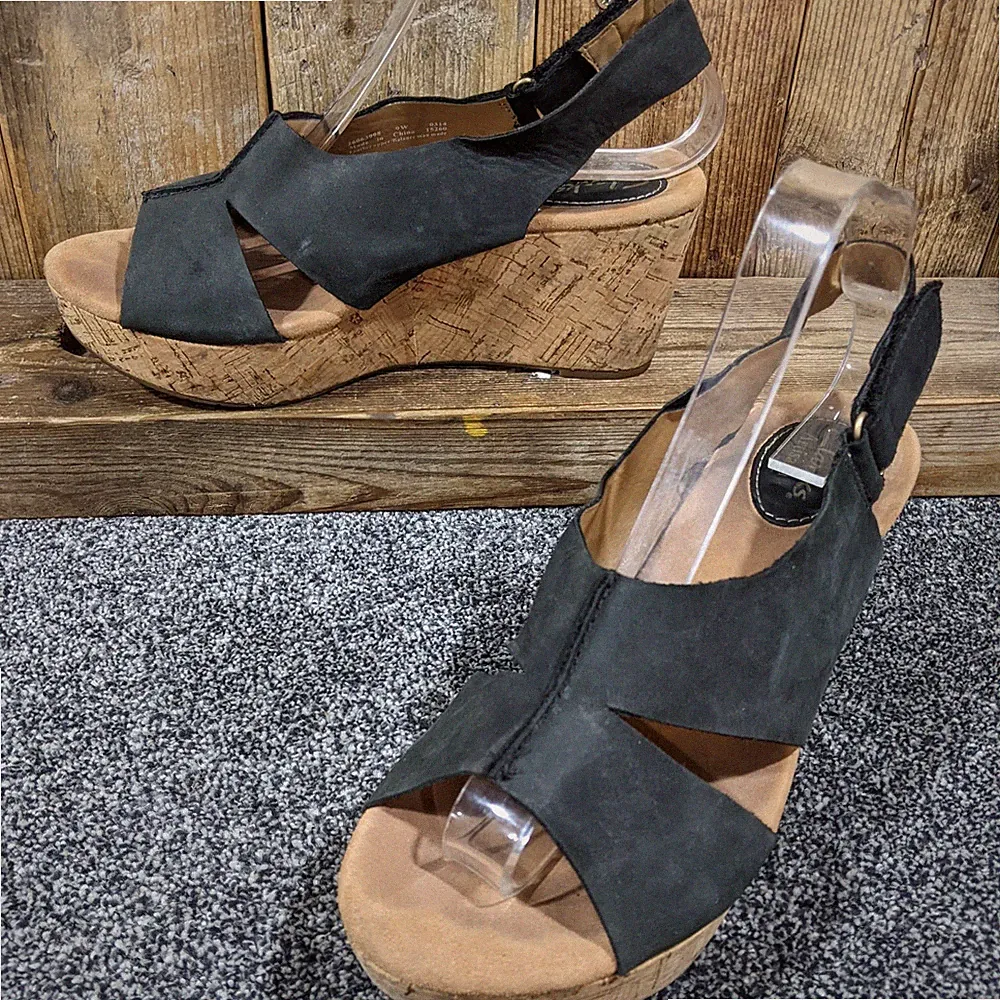 Clarks Artisan Damen-Sandalen schwarz Leder Kork Keilabsatz bequem UK 6,5 W