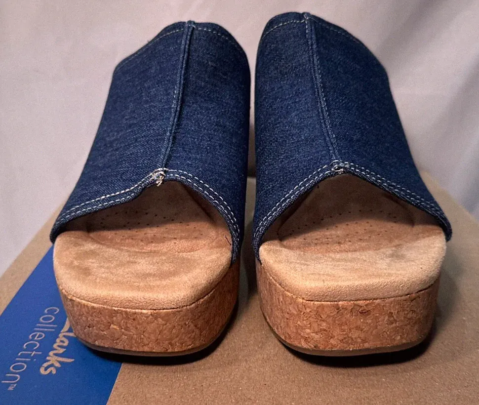 Clarks Clog Sandale UK 8,5 / 42,5 Nerisa Vine jeansblau Kork Plateau Keilabsatz