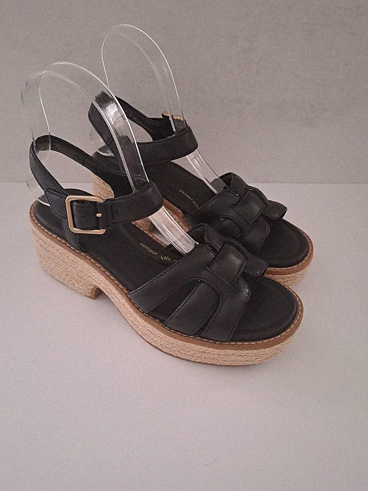 Clarks Coledale Keilabsatz Espadrille Sandalen Gr. UK 4 D schwarz Leder Plateau