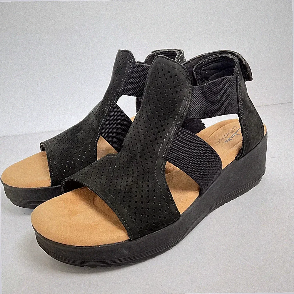 Clarks Damen-Keilsandalen schwarz Nubukleder UK 7E weite Passform Wrenly Tide