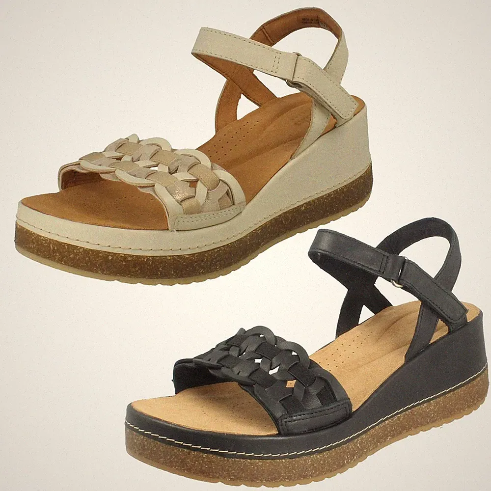 Clarks Damen Ledersandaletten mit Offenem Zehenriemen Keilabsatz