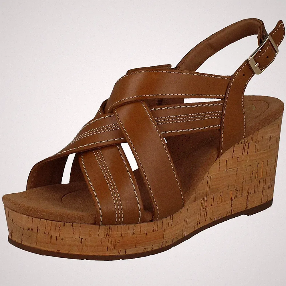 Clarks Damen Riemchensandalen Leder Cross-Over Keilabsatz Schnalle Sabina Sling