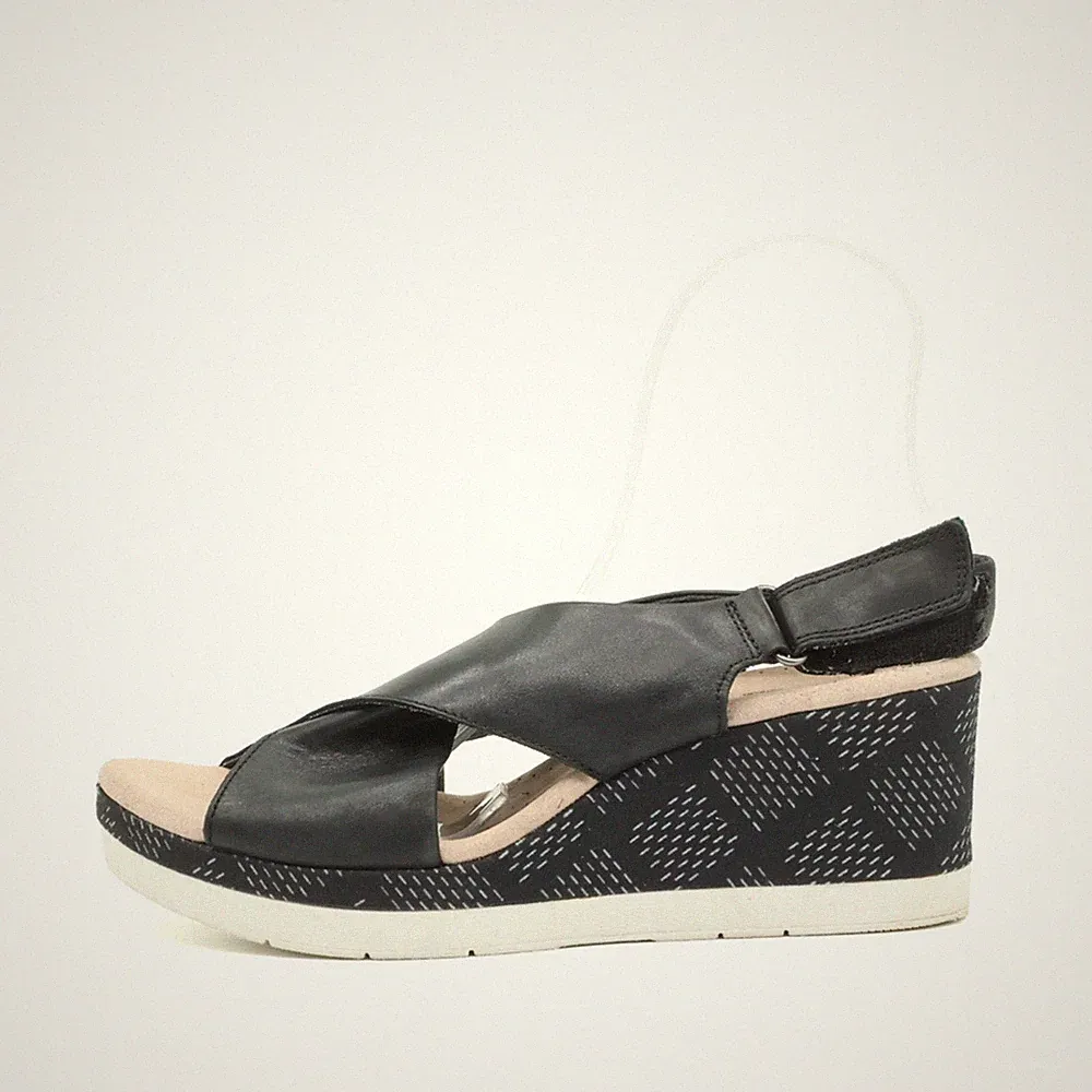 Clarks Damen Sandale EU 40 Collection Schwarz Leder Klettverschluss Keilsandalen