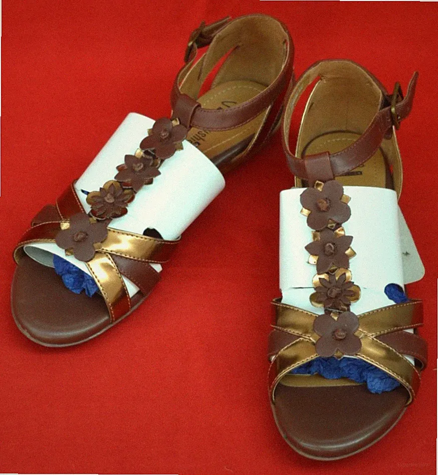 CLARKS: DAMEN SANDALEN - hellbraun und kupferfarben Blumenmuster T-Steg - UK 4,5 KOSTENLOSER VERSAND!