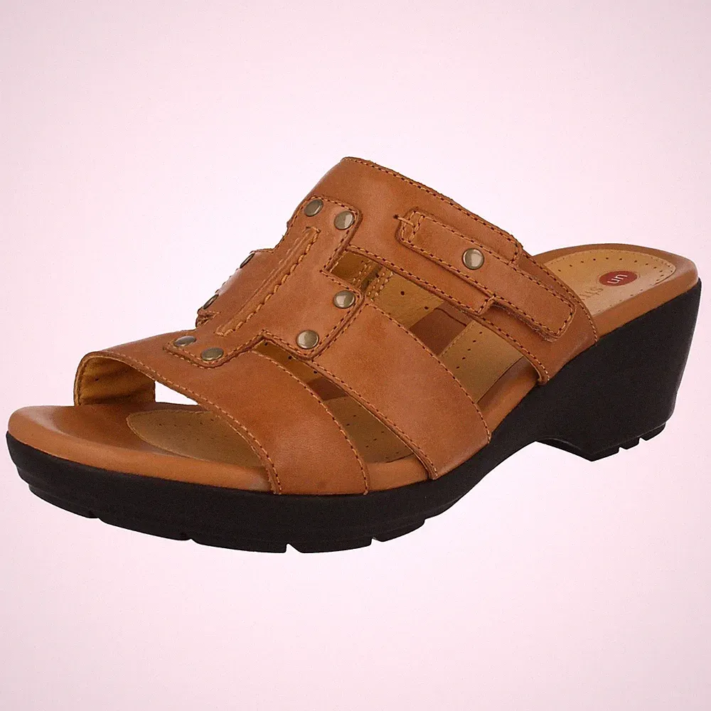 Clarks Damen UN SALLY Tan Leder Wedge Flip-Flop Sandale Komfort Sohle 6,5 D