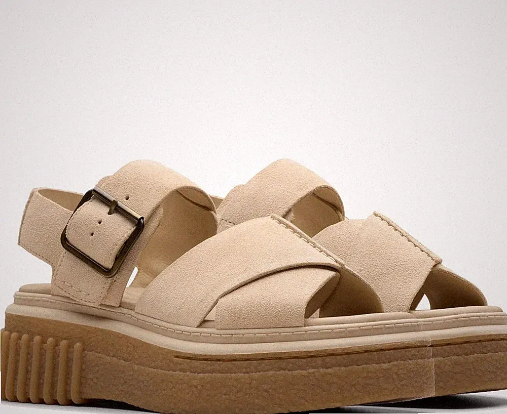 Clarks Evamar Damen Beige Keilabsatz Wildledersandalen Peeptoe CL26181202-ECRU
