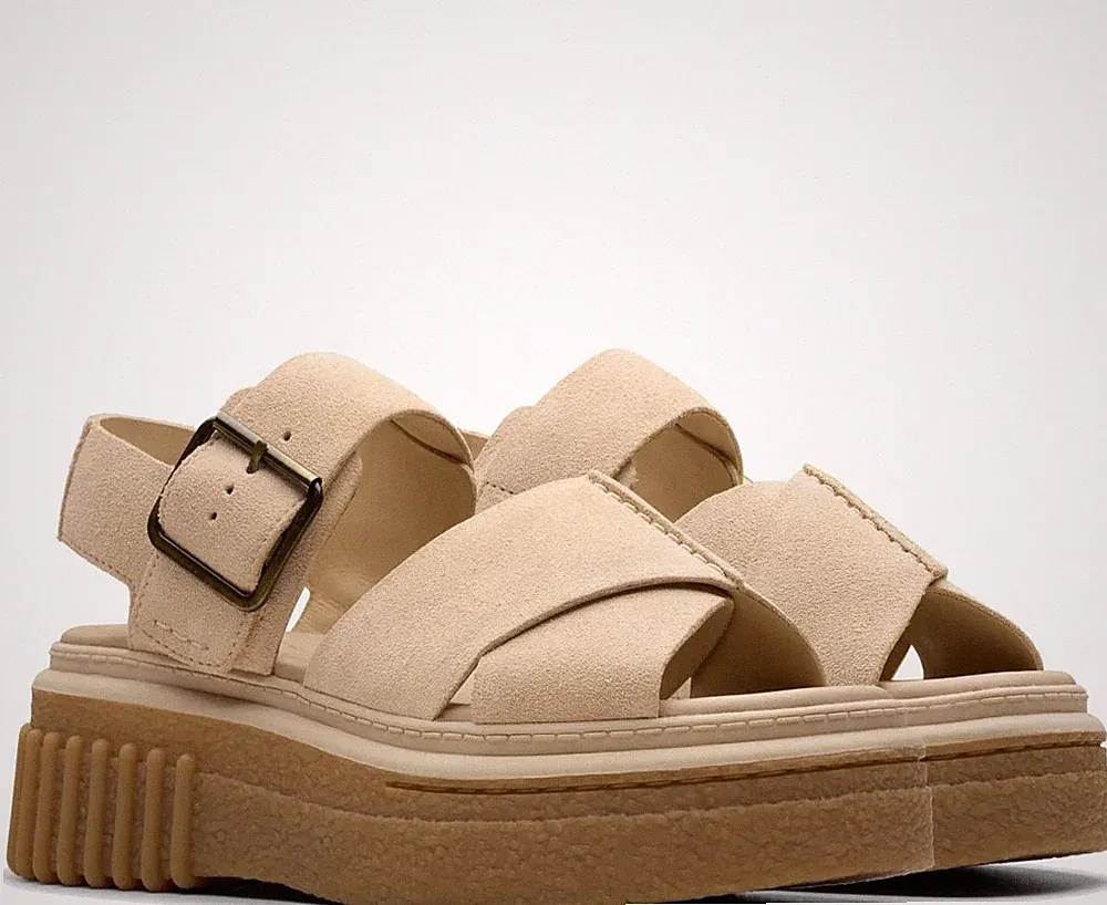 Clarks Evamar Damen Beige Keilabsatz Wildledersandalen Peeptoe CL26181202-ECRU