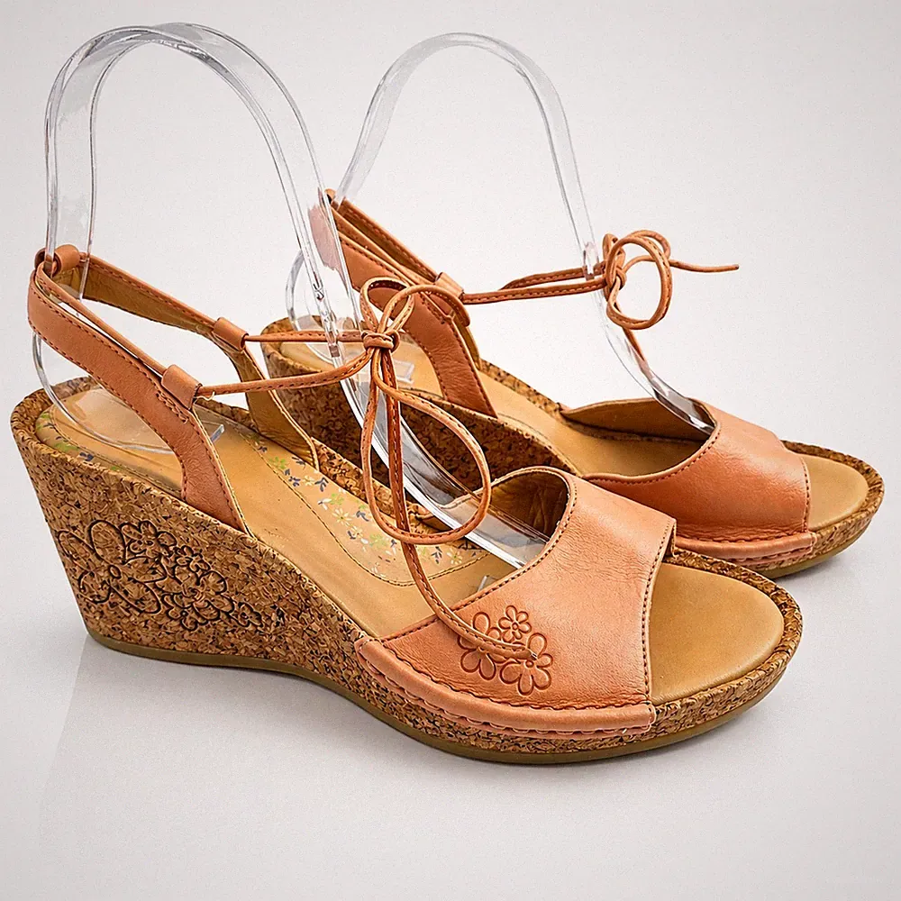 Clarks hellbraune Leder-Keilsandalen UK 6 Korkabsatz Schnürung bequem Sommer