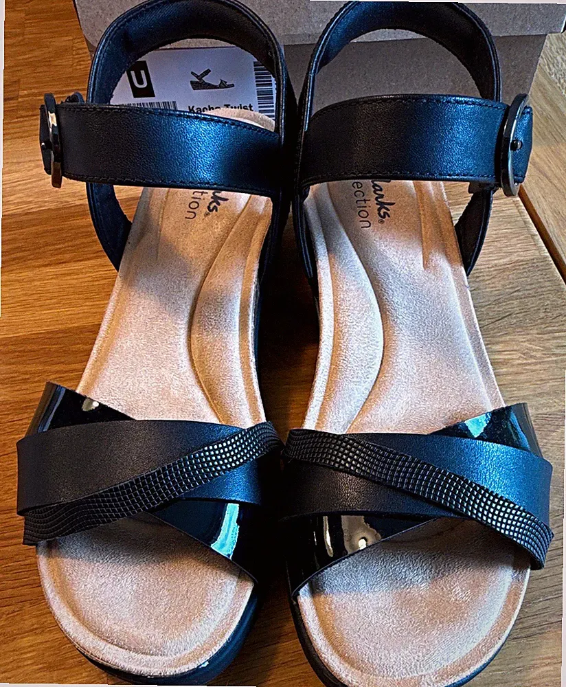 Clarks Kacha Twist Damen Sandalen Leder schwarz Keilabsatz EU 38 UK 5 1x getrage