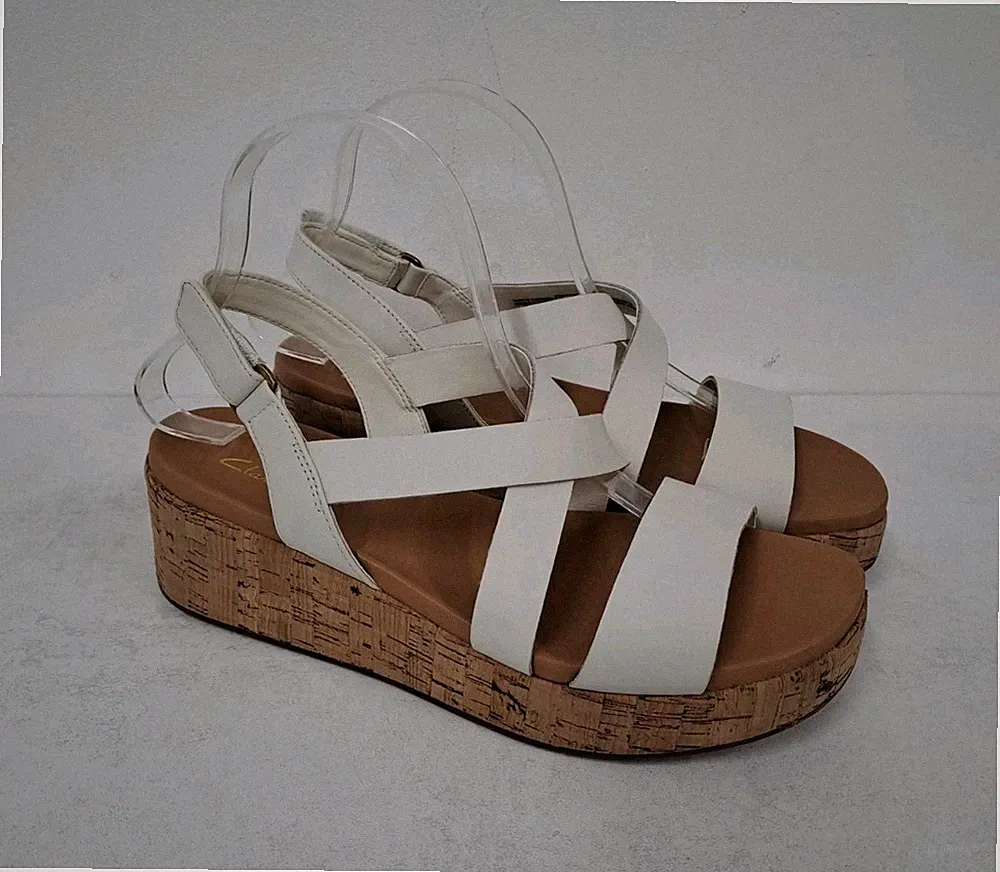 Clarks Kimmei Kork Keilsandalen Größe 6 D weiß Plateau Riemchen