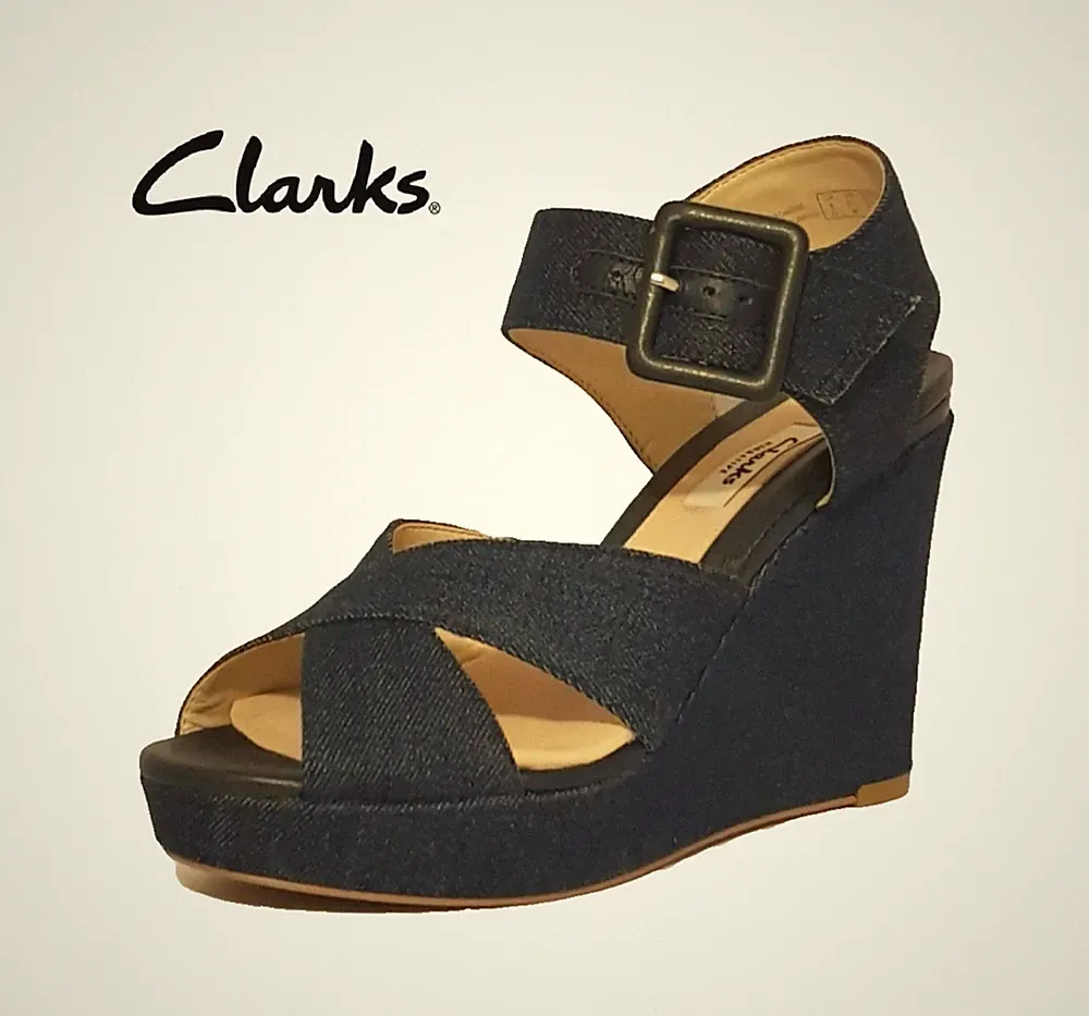 Clarks Lonan Grace UK 5,5 BLAU DENIM PLATEAU KEILABSATZ SCHNALLE SANDALEN SCHUHE DAMEN