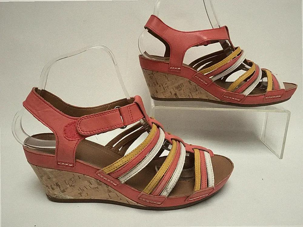Clarks Orange Multi Riemchen Keilabsatz Sandalen Größe 6 D EUR 39,5