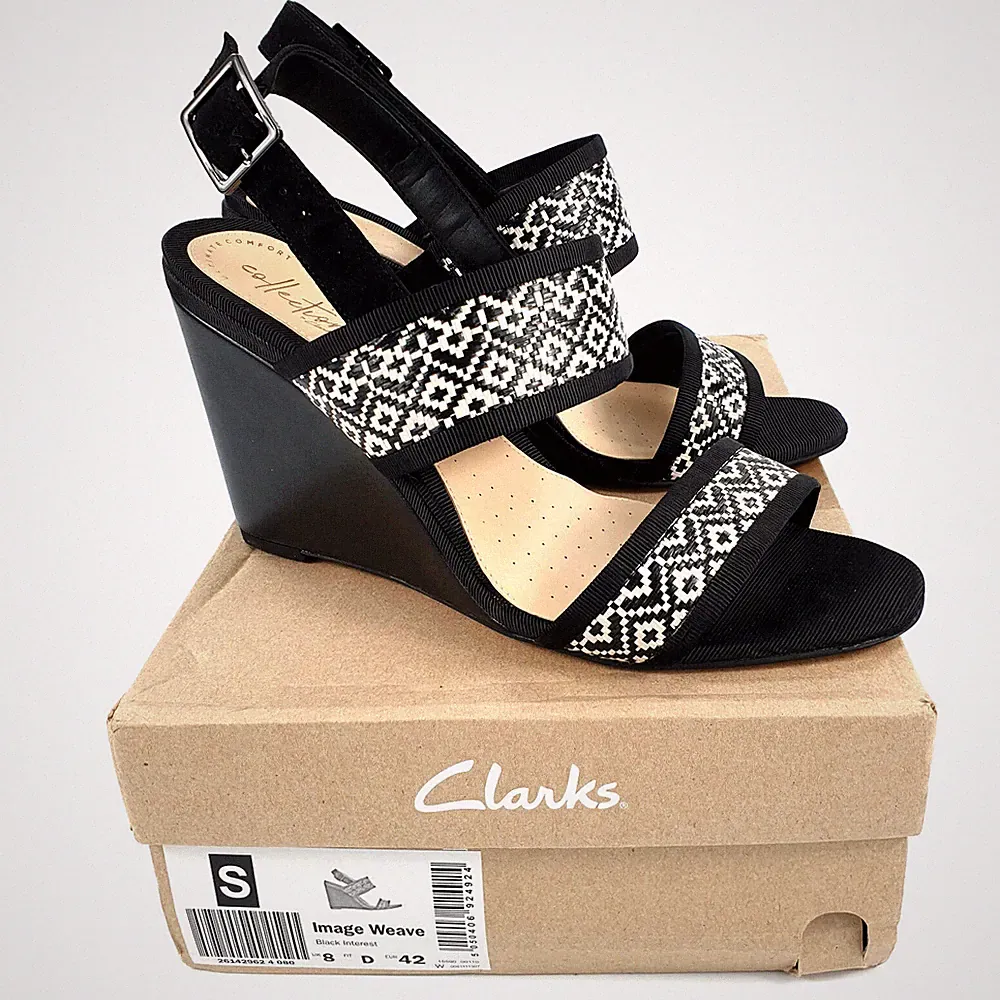 Clarks Sandalen Absatz schwarz weiß Echtleder Größe 8