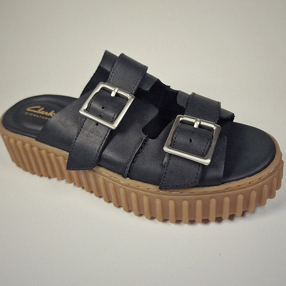 Clarks Torhill Slide Damen-Sandalen schwarz Leder Plateau Schnalle UK 5