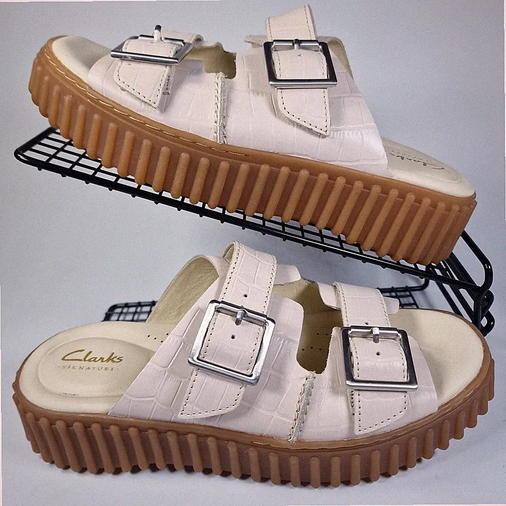 Clarks Torhill Slide Damen UK 5 weiß creme Leder Plateau Sandalen