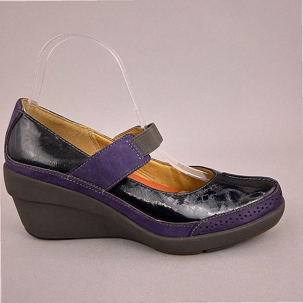 Clarks unstrukturierte lila Lack Mary Jane Komfort Keilabsatz Boho Retro Sandalen UK5