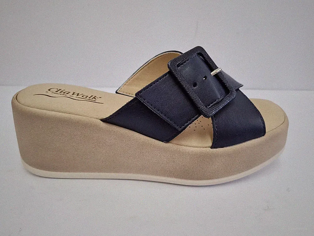 Cliawalk Damen Hausschuhe mit Keilabsatz, Riss und Schnalle, Trendy 46 - BLAU (Blue)