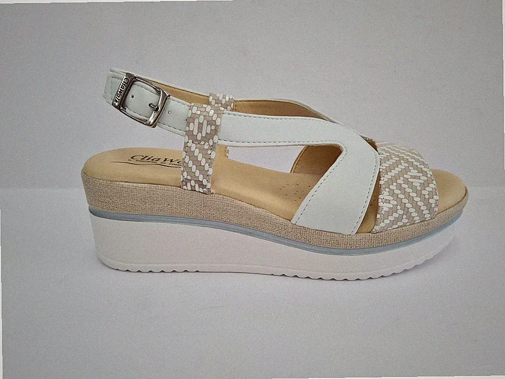 CliaWalk Sandalen Frau Kunstleder Wedges, Trendy 71 - Bia (Weiß / Hanf)