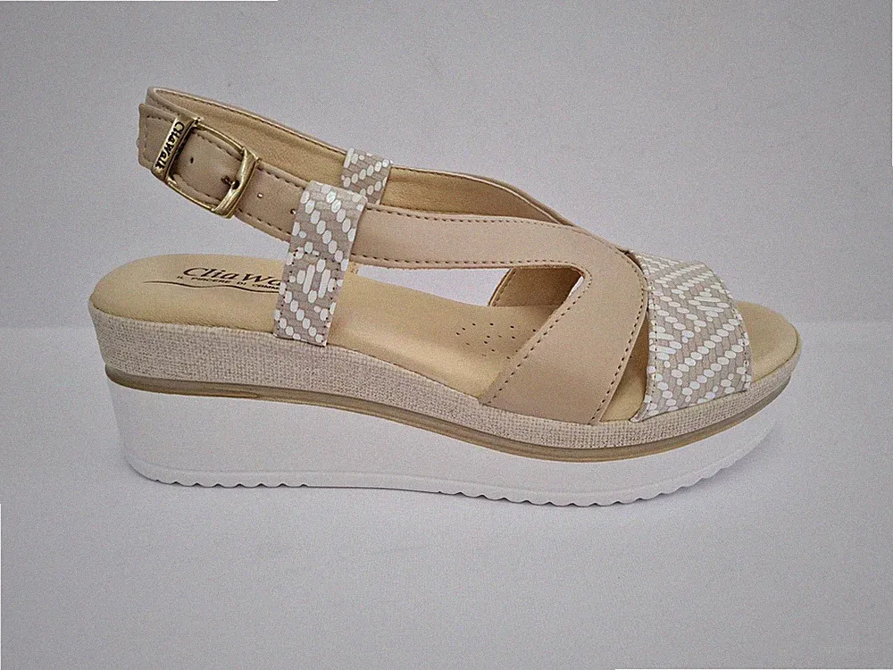 CliaWalk Sandalen Frau Kunstleder Wedges, Trendy 71 - Can ( Hanf / Weiß)