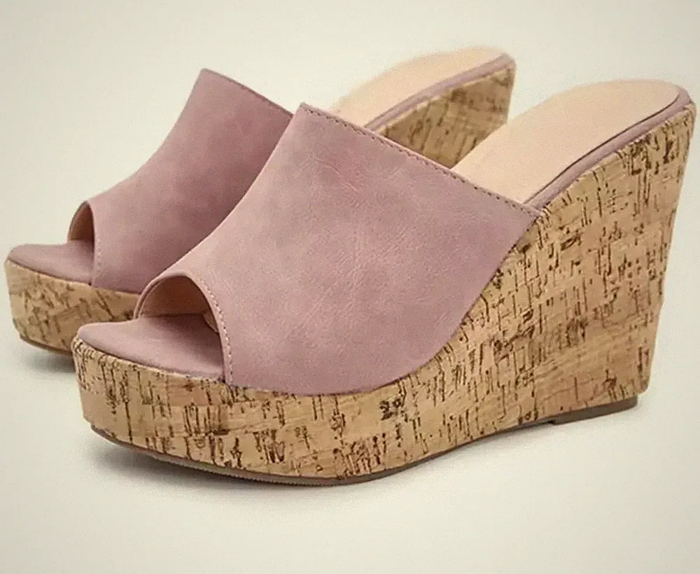Clogs Clogs mit 11 cm hohem Keilabsatz Korkeffekt rosa Band Cf51375
