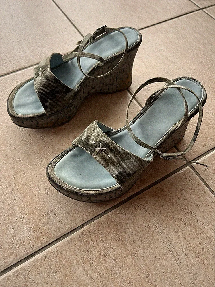 Coole Plateau Sandalen Camouflage Grün Hellblau Keilabsatz Gr 39