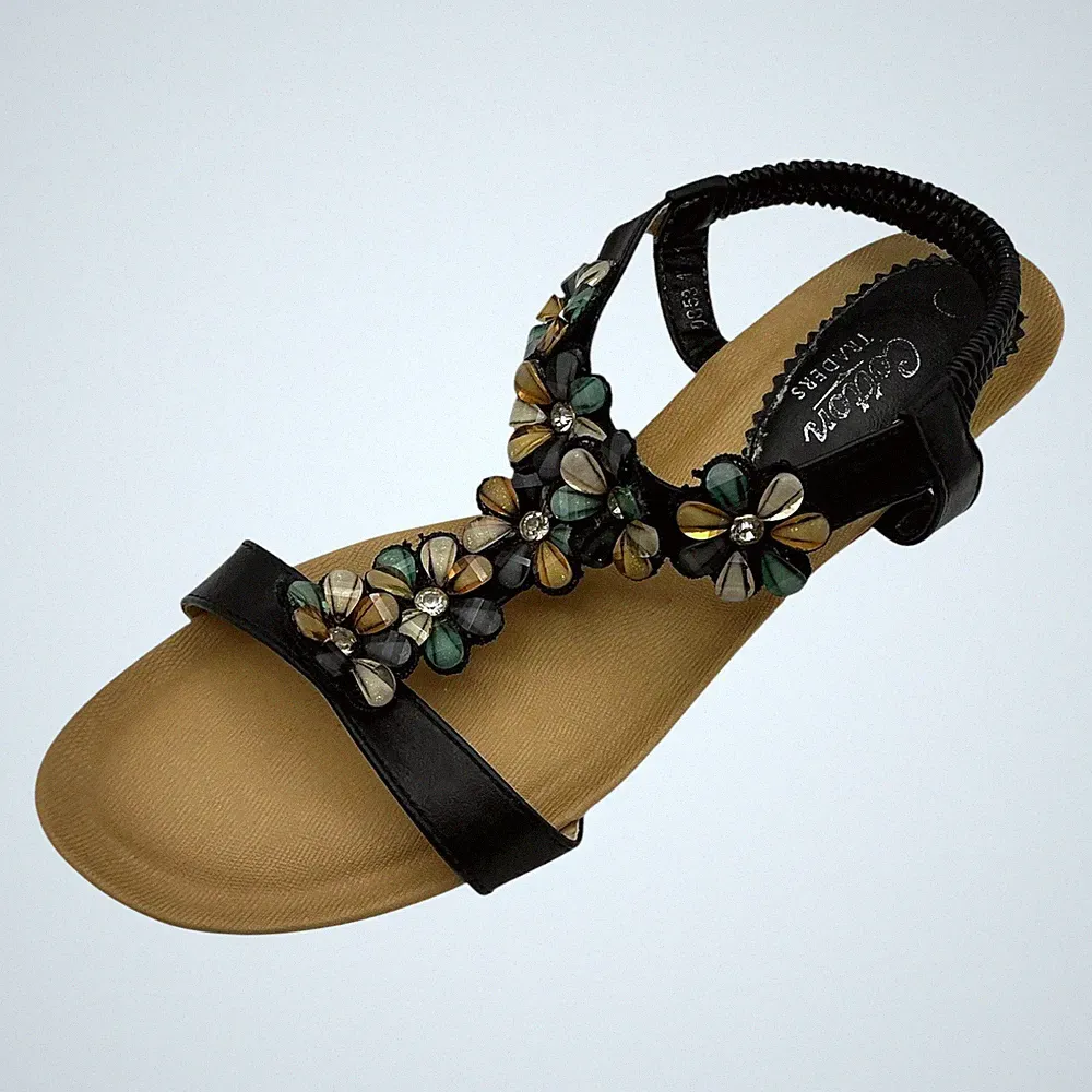 Cotton Traders Damen-Riemchensandalen UK 8 schwarz Kunstleder Keilabsatz Blume