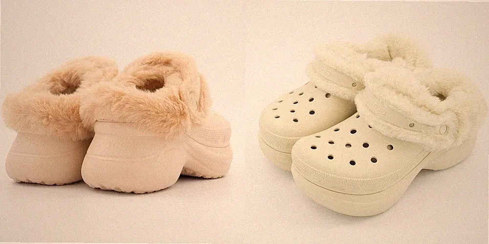 Crocs Bae gefütterte Plateau Clogs creme/rosa Fleece Fell Unisex UK 9