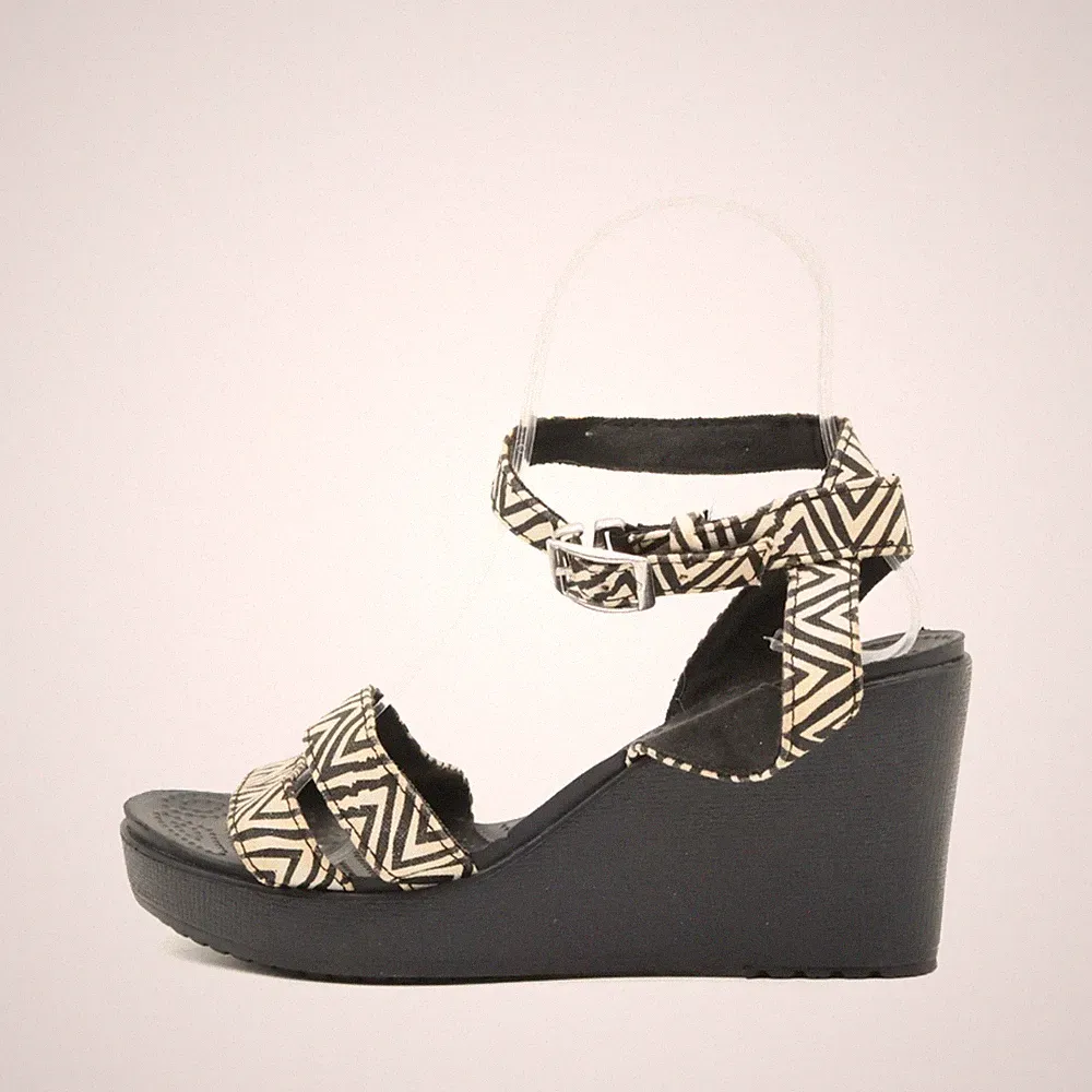 Crocs Damen Sandalen EU 37-38 Wedge Schwarz Beige Textil Klettverschluss Komfort