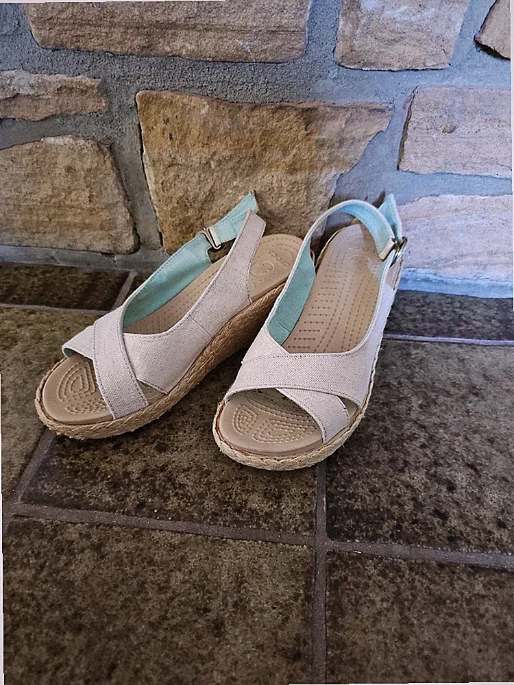 crocs Keilabsatz sandalen peeptoe beige blau Wedges Gr 39