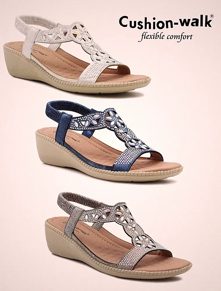 Cushion Walk Gill Damen-Sandalen Keilabsatz elastisch Fersenriemen Komfortsandalen