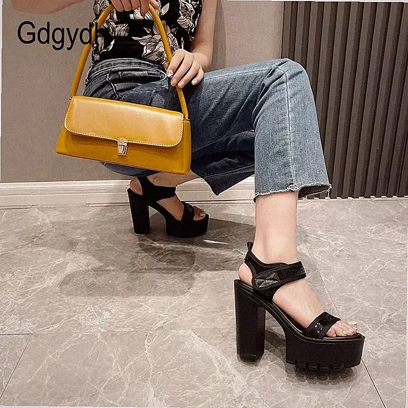 D8K3W Damen Sandalen Schwarz Plattform Hoher Keilabsatz Profilsohle Sommer