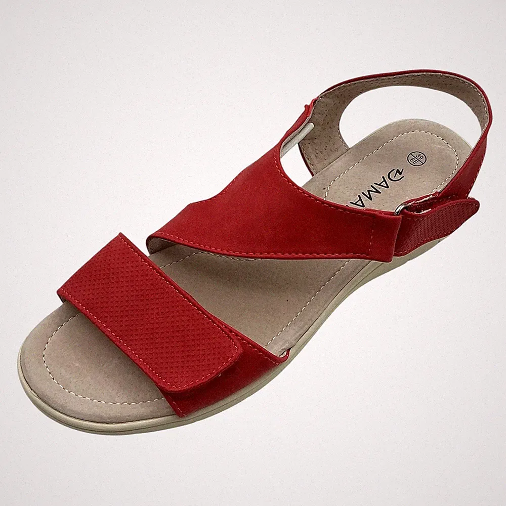Damart Damen-Riemchensandalen breite Passform UK 6E rot Kunstleder Keilabsatz Sommer