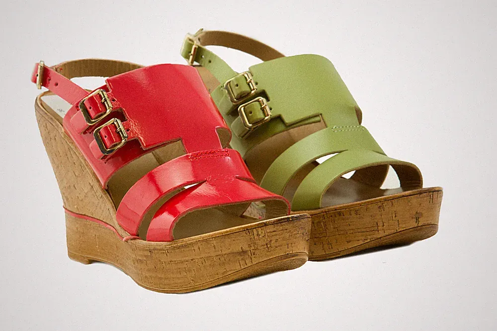 Damen 2 Paar Sandalen Italienischen Plateau Keilabsatz Leder Rot und Grün Gr 36