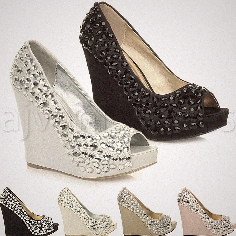 DAMEN ABSCHLUSSBALL VERZIERTE EDELSTEINE HOHER KEILABSATZ SANDALEN PEEPTOE SCHUHE GRÖSSE