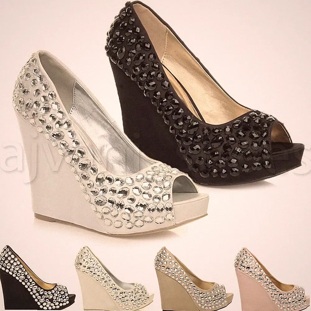 DAMEN ABSCHLUSSBALL VERZIERTE EDELSTEINE HOHER KEILABSATZ SANDALEN PEEPTOE SCHUHE GRÖSSE