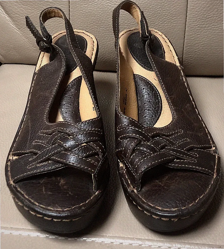 Damen Boc Keilabsatz Slingback Used Braun Leder Sandalen Größe UK 8 EU 42